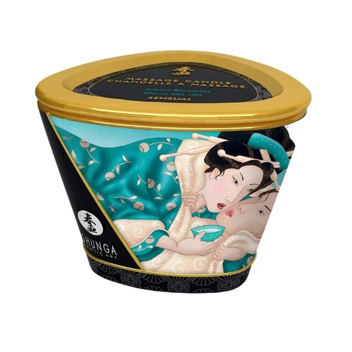 Shunga Candle - Island Blossoms (170ml). Shunga Body candles made with soy butter. This deliciously strong scented Island Blossoms candle is the perfect way to spoil your partner with endless body massages. Leaves skin soft and silky and can be used all over the body. available in 6 other scents.