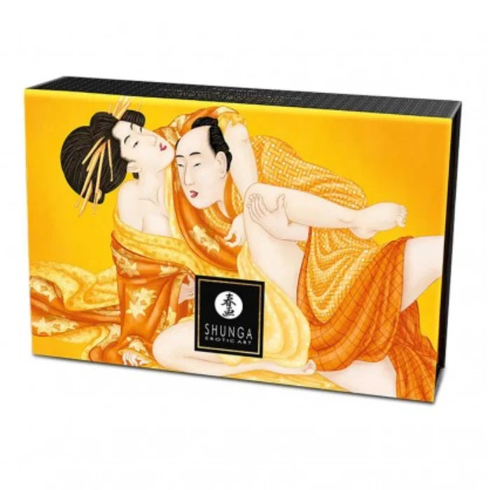 Shunga edible massage powder mango: yellow box with figures on orange background