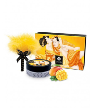 Shunga mango edible massage powder set with jar, feather duster, mango slices