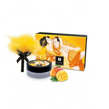 Shunga mango edible massage powder set with jar, feather duster, mango slices