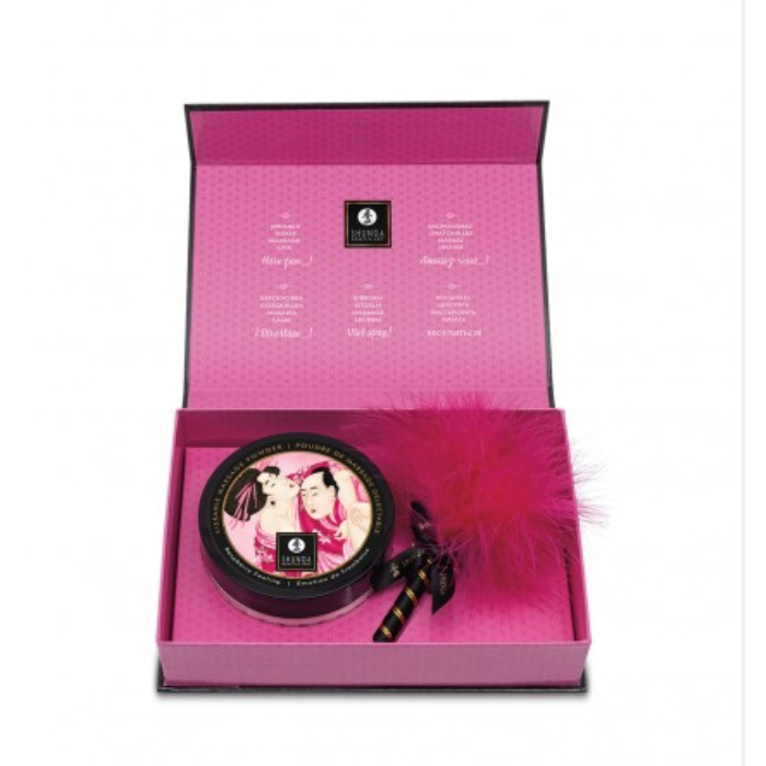 Shunga raspberry edible massage powder in pink velvet box with flogger