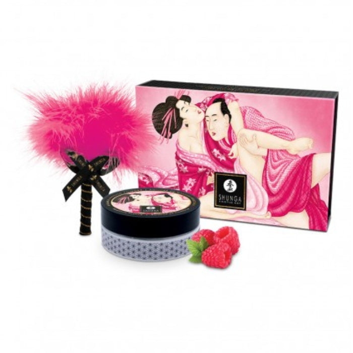 Pink feather duster with black ribbon for Shunga raspberry massage powder