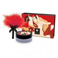Red feather fan with black ribbon for Shunga strawberry edible massage powder