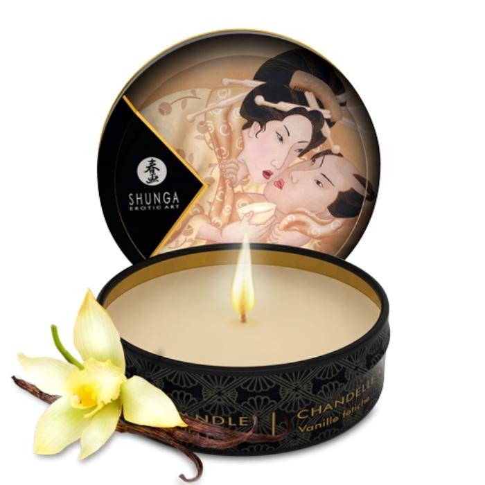 Shunga Body candles made with soy butter. This deliciously strong scented Vanilla candle is the perfect way to spoil your partner with endless body massages. Leaves skin soft and silky and can be used all over the body. Perfect travel size.