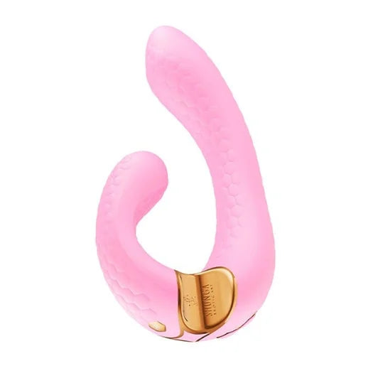 Pink silicone shunga miyo double vibrator with gold accent plate usb rechargeable ergonomic shape for g-spot simultaneously stimulation