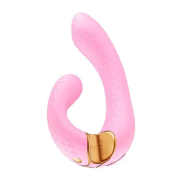 Pink silicone shunga miyo double vibrator with gold accent plate usb rechargeable ergonomic shape for g-spot simultaneously stimulation
