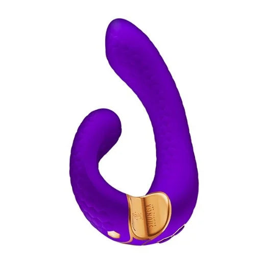 Purple silicone shunga miyo double vibrator with ergonomic shape and gold usb rechargeable control panel for g-spot simultaneously stimulation