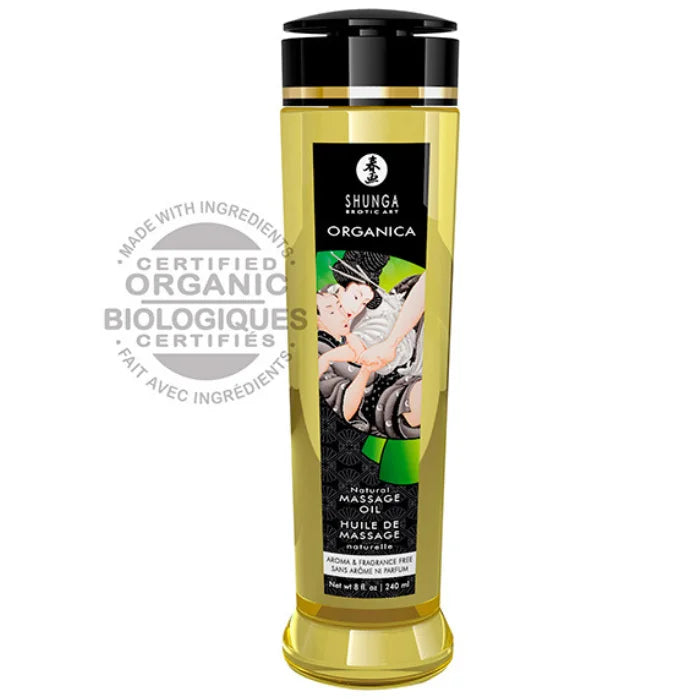 Shunga organic natural massage oil 240ml in a transparent yellow bottle with black cap and illustrated label
