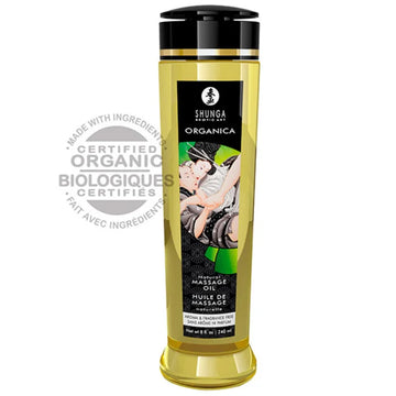Shunga organic natural massage oil 240ml in a transparent yellow bottle with black cap and illustrated label