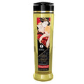 Golden-hued shunga romance strawberry massage oil in a sleek transparent bottle with black cap and geisha label