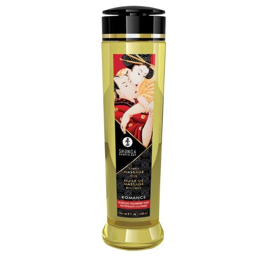 Golden-hued shunga romance strawberry massage oil in a sleek transparent bottle with black cap and geisha label