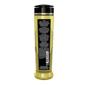 Gold-colored shunga romance strawberry massage oil bottle with black cap and label for erotic massage use 240ml