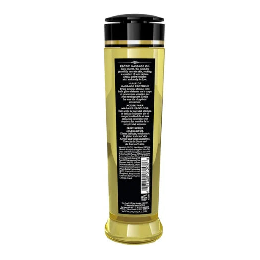 Gold-colored shunga romance strawberry massage oil bottle with black cap and label for erotic massage use 240ml