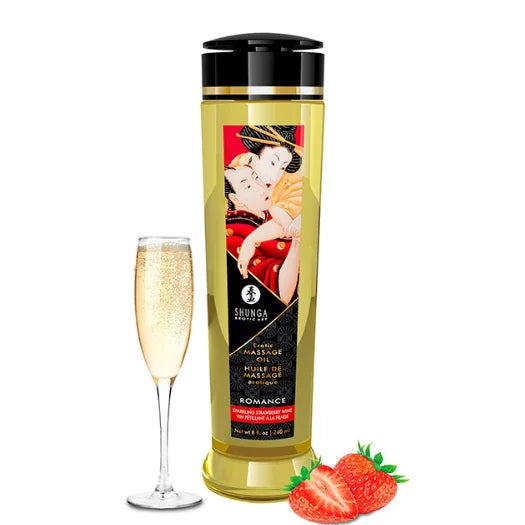 A tall slender bottle of shunga romance strawberry massage oil with black label featuring red figures illustration