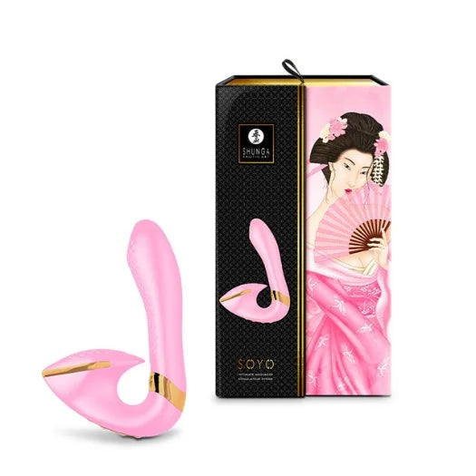 Pink silicone shunga soyo g spot vibrator with gold accents offering powerful vibrations from the soyo lux vibe line