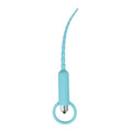 Light blue vibrating urethral plug with textured shaft and base ring
