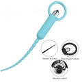 Light blue vibrating urethral plug with ring handle and segmented shaft