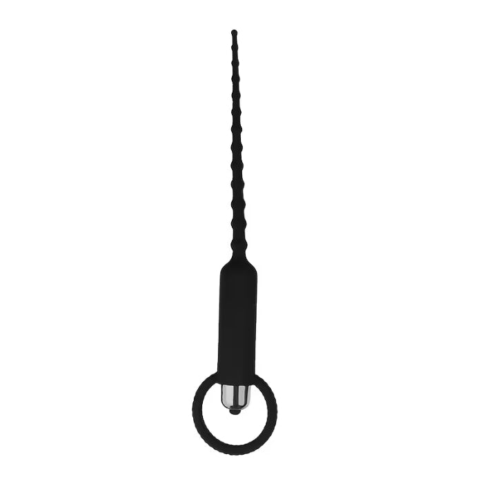 Black vibrating urethral plug with textured silicone shaft and ring base