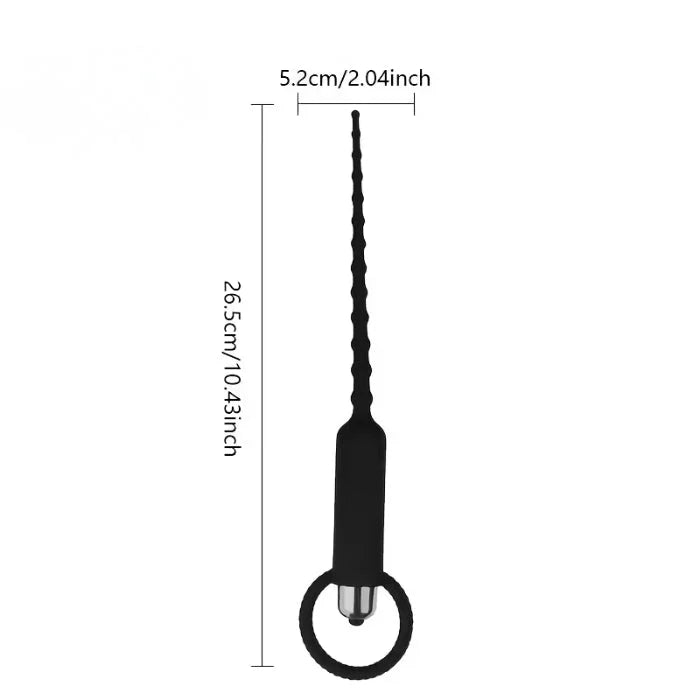 Black vibrating urethral plug with textured tapered shaft and ring base