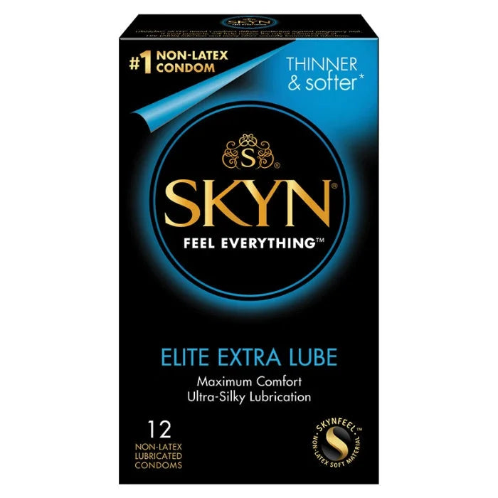 Skyn Elite Extra Lube non-latex condoms box with gold lettering