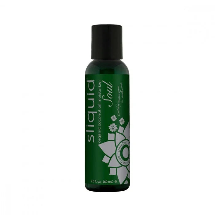 A dark green glass bottle of sliquid soul coconut massage oil 60ml with glycerin free certified organic coconut oil moisturizer label