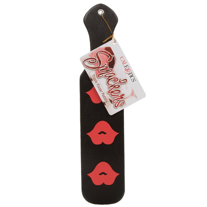 exotically contoured black paddle with 3 red lips on either side.