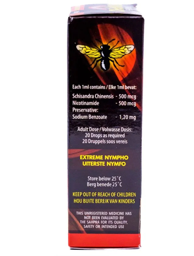 Black and red rectangular box for extreme nympho sexual desire herbal remedy with bee illustration from lady jane adult shop