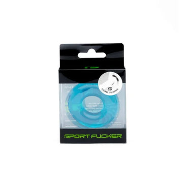 Sport fucker chubby cock ring in translucent blue packaged in black and clear plastic with green branding from lady jane adult shop