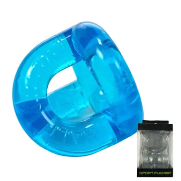 Transparent blue plastic sport fucker half guard cock ring with a glossy finish and d-shaped design