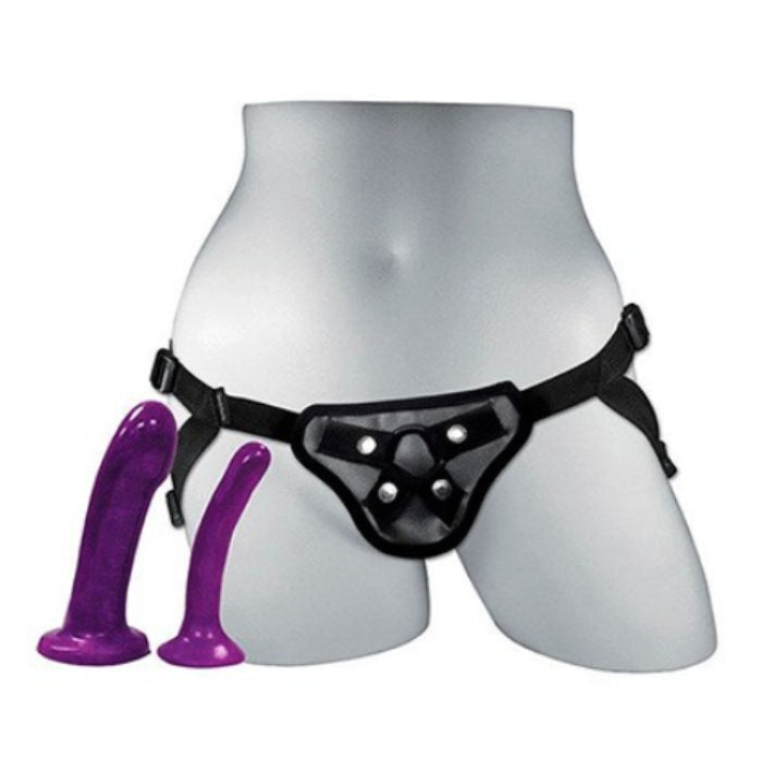 Sportsheet Anal Explorer Kit: black leather harness with silver studs and purple vibrators