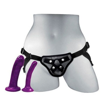Sportsheet Anal Explorer Kit: black leather harness with silver studs and purple vibrators