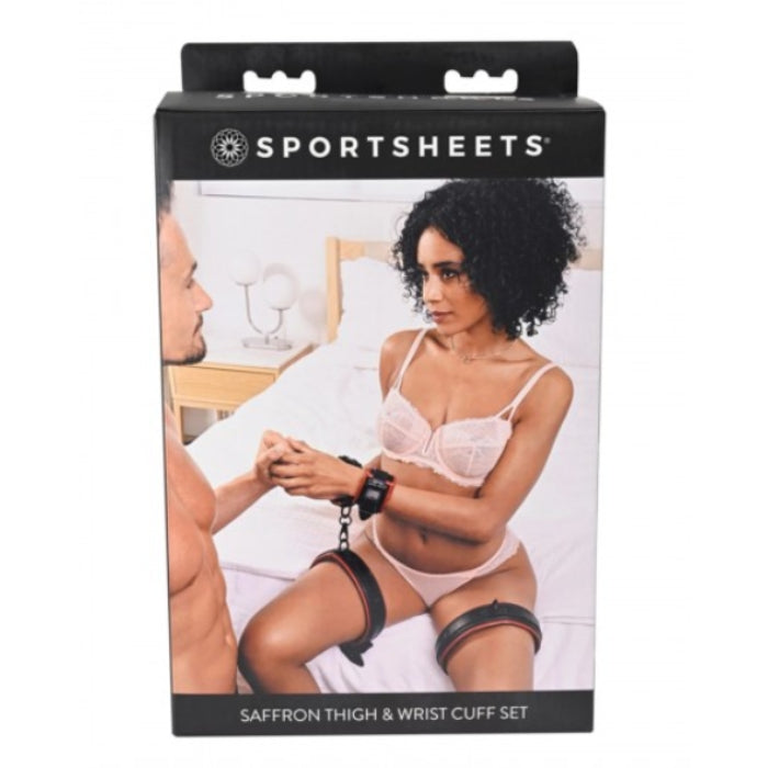 Sportsheets saffron leather hand cuffs and thigh set with padded interiors available at lady jane adult shop