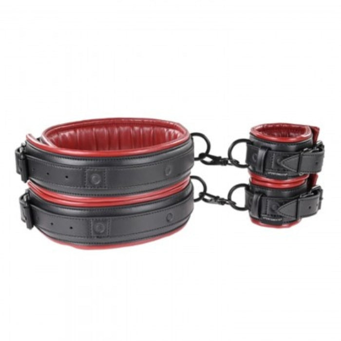 Black and red leather bondage set with padded interiors featuring collar and cuffs linked by chains from lady jane adult shop