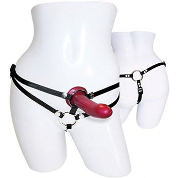 Create the double penetration fantasy with Sportsheets Menage a Trois Strap-On set. Includes a double-penetration harness and a silicone 5.75" dildo. The thong- style strap-on has 2 built-in C rings, adjusts up to 60" hips, and includes 2 in interchangeable metal O-rings - 1.5" and 1.75."