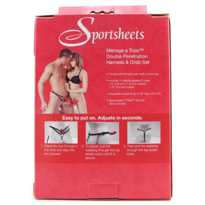 Create the double penetration fantasy with Sportsheets Menage a Trois Strap-On set. Includes a double-penetration harness and a silicone 5.75" dildo. The thong- style strap-on has 2 built-in C rings, adjusts up to 60" hips, and includes 2 in interchangeable metal O-rings - 1.5" and 1.75."