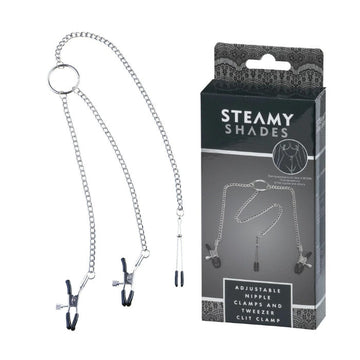 Steamy Shades Body Chain with Attached Nipple and Clit Clamps, the ultimate accessory for hands-free stimulation and unforgettable sensations. This exquisite body chain combines the thrill of nipple and clitoral stimulation in one seductive package. The adjustable clamps, secured by screws and a sliding ring, allow you to customize the pressure to your liking, ensuring both comfort and pleasure.