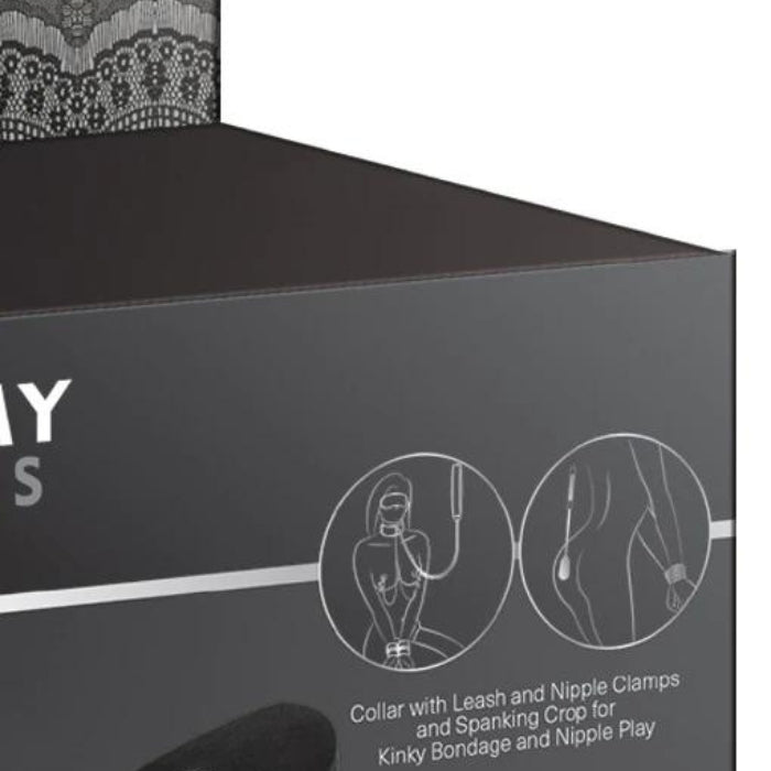 Steamy Shades Bondage Set - 7 Piece, a comprehensive collection designed to ignite your passion and explore the world of BDSM. This set includes seven carefully curated pieces that cater to your deepest desires. Collar With Leash & Nipple Clamps | 1 x Feather Tickler | 1 x Riding Crop | 1 x Blindfold | 1 x Silk Bondage Rope | Wrist Restraints.
