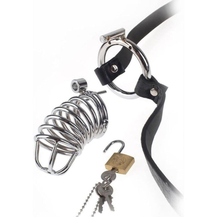 The designer alligator-style waist strap easily adjusts to fit most sizes and feels great against your skin. Made from highly-polished steel and secured with lock and key. Made from high-quality metal and closed with a secure lock, this cage will keep your subject's cock behind bars until you decide when it's a good time to set it free. The waist strap attached to the cage is adjustable to fit most sizes.