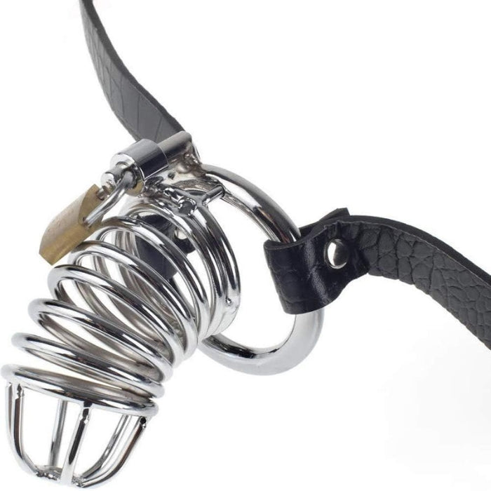 The designer alligator-style waist strap easily adjusts to fit most sizes and feels great against your skin. Made from highly-polished steel and secured with lock and key. Made from high-quality metal and closed with a secure lock, this cage will keep your subject's cock behind bars until you decide when it's a good time to set it free. The waist strap attached to the cage is adjustable to fit most sizes.