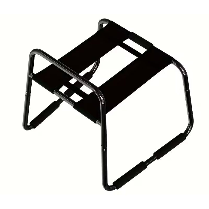 Sturdy steel frame elastic sex chair with padded black straps