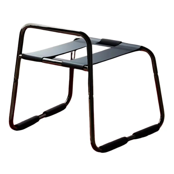 Sturdy steel frame elastic sex chair with padded black fabric seat and armrests