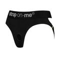 Black Strap-On-Me Heroine strap-on harness with thong opening and gold hardware