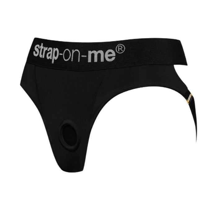 Black Strap-On-Me Heroine strap-on harness with thong opening and gold hardware