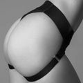 Black Strap-On-Me Heroine strap-on harness with satin garter belt and metallic clasp