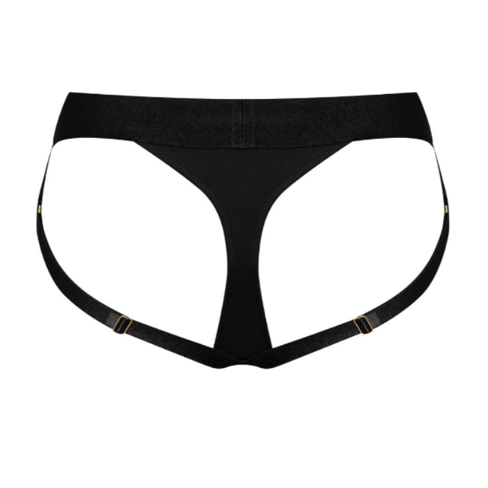 Black Strap-On-Me Heroine strap-on harness with gold satin garter