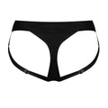Black Strap-On-Me Heroine strap-on harness with gold satin garter
