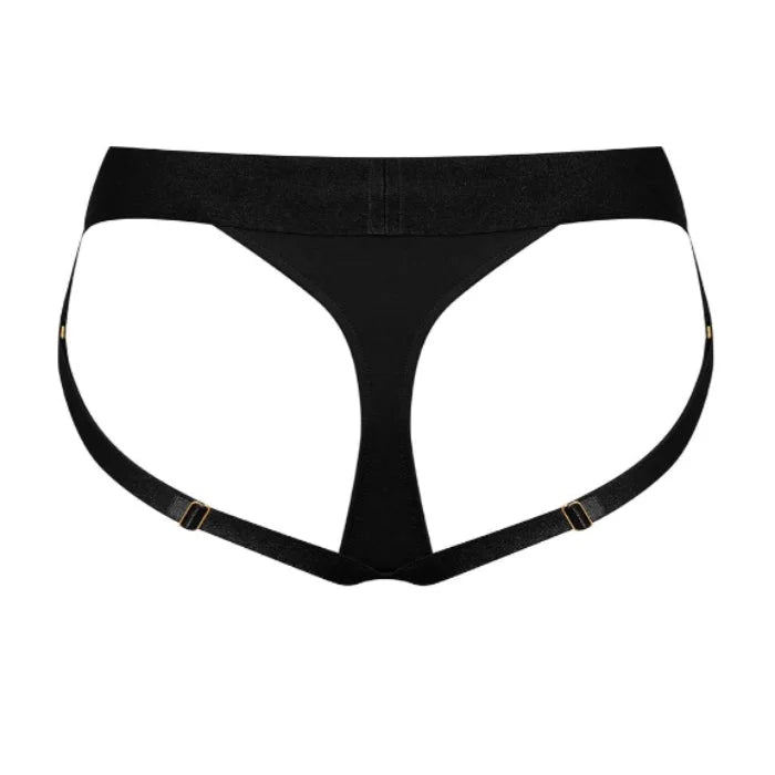Black Strap-On-Me Heroine strap-on harness with gold satin garter