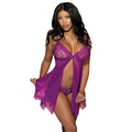 Beautiful Berry coloured babydoll made from floral stretch lace and mesh with fly away open skirt in the front. The back is full mesh with adjustable straps and the set is completed with a matching open front G-string. One size fits most.