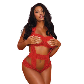 This red Teddy features a stretchy, floral lace fabric that molds perfectly to your body, ensuring a comfortable and snug fit. The teddy has an open bust design that showcases your cleavage, adding a touch of seduction to your look. The straps are adjustable, allowing you to customize the fit to your liking. One size fits most.