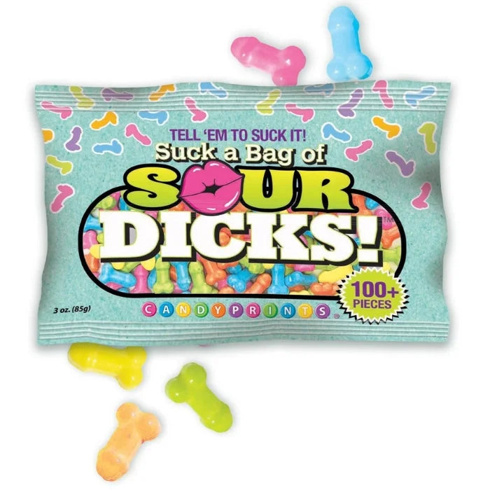 A colorful bag of sour dicks candy by candyprints with rainbow gummy shapes available at lady jane adult shop